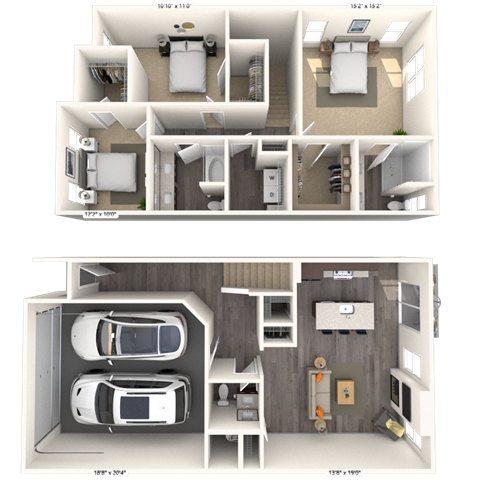Floor plan for 3 beds, 2.5 baths, 1586 sqft